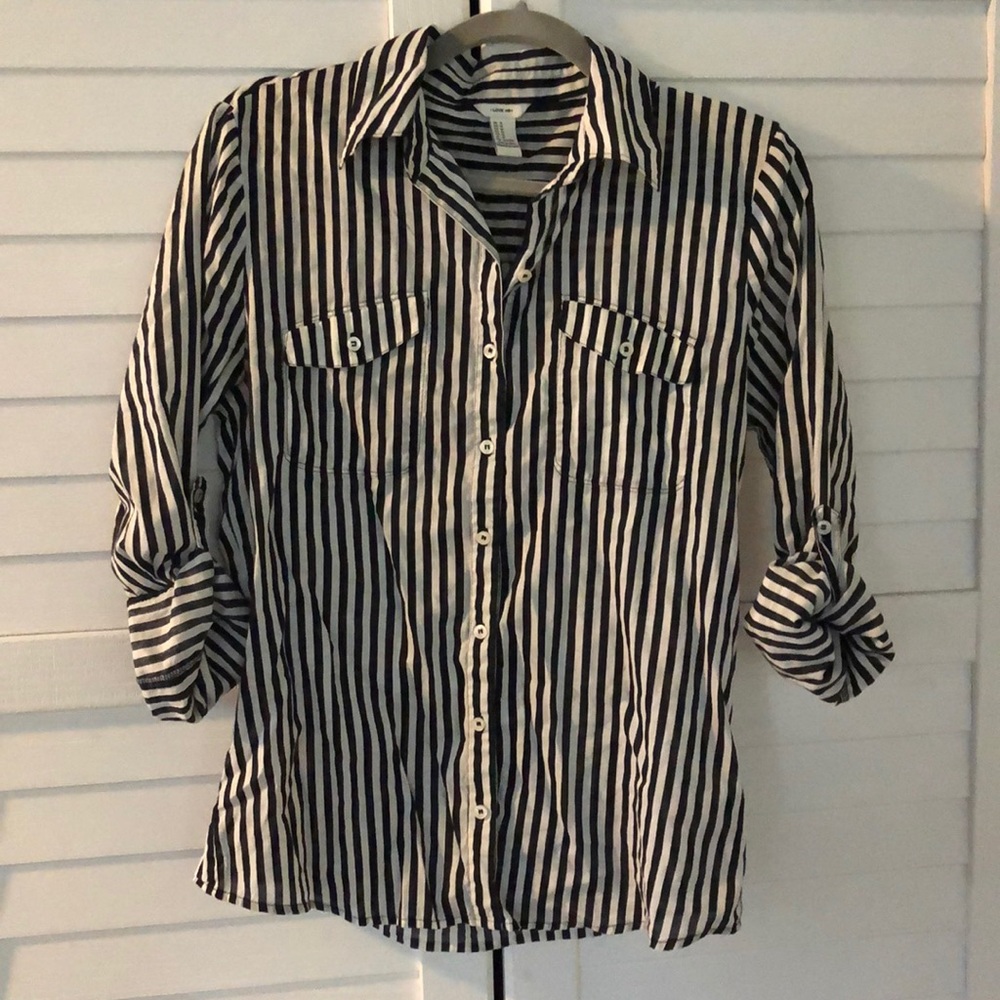 SEMI-SHEER BLACK + WHITE STRIPED BUTTON UP BLOUSE